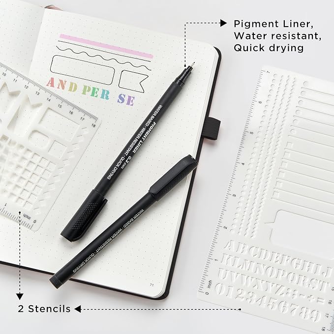 &And Per Se Dotted Notebook, A5 Hardcover with Journal Dotted Pages, Journal Stencils & Pen, 176 Numbered Pages for Beginners Women Men (Black)