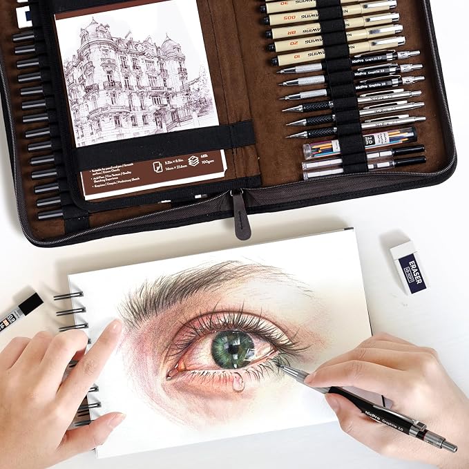 Nicpro 58 PCS Art Drawing Supplies Kit in Leather Case, Art Mechanical Pencil Set with 6 Metal Drafting Pencil 0.5 & 0.7 & 0.9 & 2mm, 12 Micron Pen, Sketch Book, 30 Tube Lead Refills for Sketching