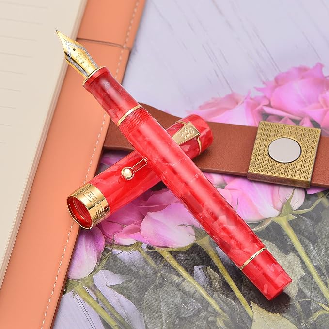 Jinhao 100 Fountain Pen Celluloid Classic Style, #6 Nib Smooth Writing Instrument with Refillable Converter and Pen Case Set