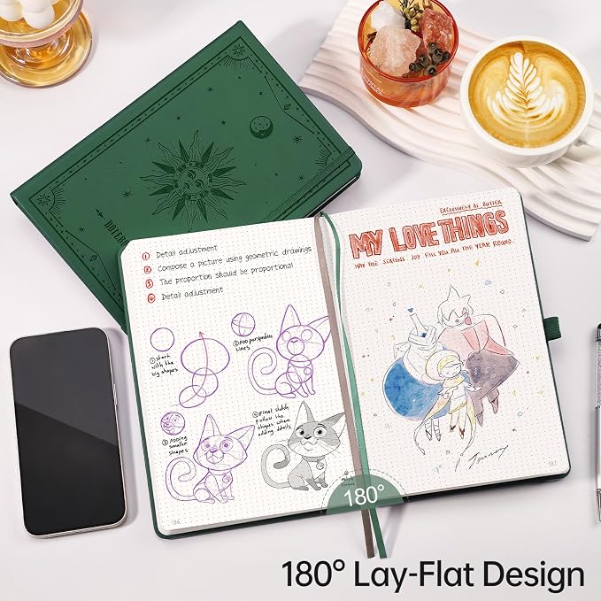 EMSHOI Dotted Journal Notebook, 192 Pages, A5 Size (5.7'' x 8.3'') | Leather Hardcover, 100 GSM Thick Paper, for Journaling, Planning, Tracking & Sketching, Sun Debossed (Dark green)