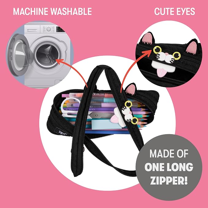 ZIPIT Cat Pencil Case for Girls, Cute Zipper Pouch for Kids Teens, Stationery Bag for School,Black