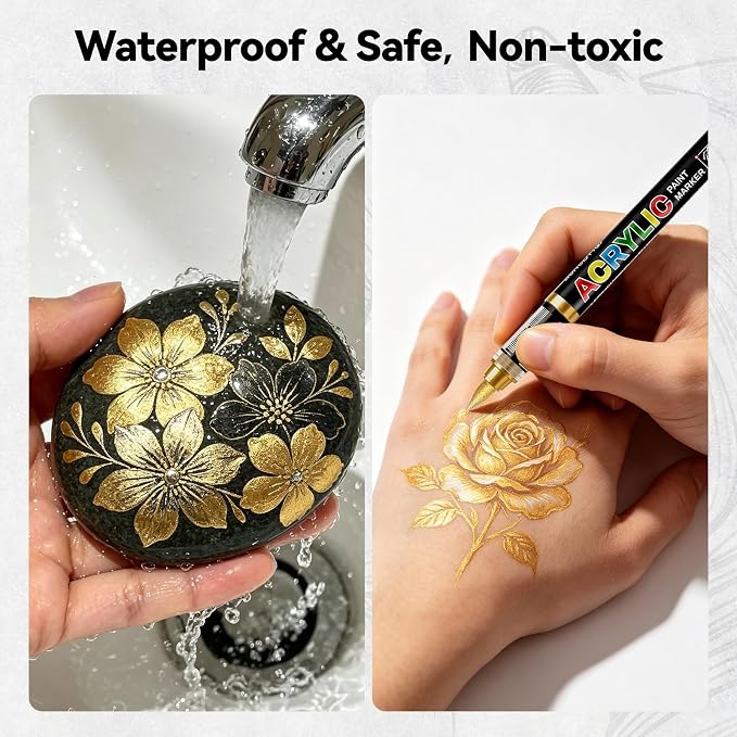 Surcotto 12 Gold Acrylic Paint Pens,Soft Brush Tip Markers,Quick-Drying, Waterproof,Direct-Liquid Ink, Permanent Markers for Canvas,Rock Painting,Wood, Stone,Glass,Ceramic,Fabric Painting,DIY Crafts