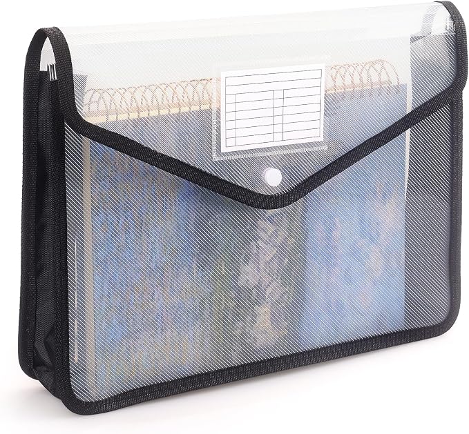 Tamaki Plastic Expanding File Folder, Fit Letter/A4 Size, Black, 1 Pack | Transparent envelopes with Snap Closure, No Dividers, Large Capacity