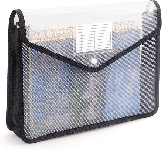 Tamaki Plastic Expanding File Folder, Fit Letter/A4 Size, Black, 1 Pack | Transparent envelopes with Snap Closure, No Dividers, Large Capacity