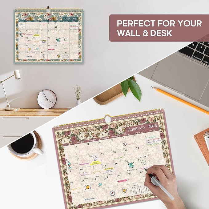 Calendar 2026-2027, Monthly Wall Calendar Runs Until June 2027, 11.5" x 14.8", Spiral Binding Hanging Wall Calendar, Perfect for Home or Office,Floral Borders