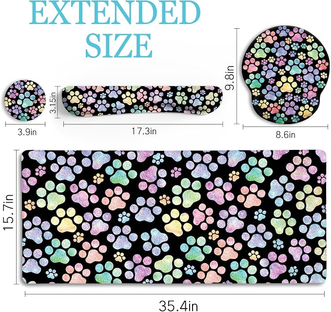 LIMKRIAN Dog Paw Mouse Pad Set XXL Large Desk Mat Pad, Cute Office Decor | Ergonomic Mousepad Wrist Rest, Computer Keyboard Mat, Wrist Support, Coaster, Home Office Supplies Desk Decor Accessories