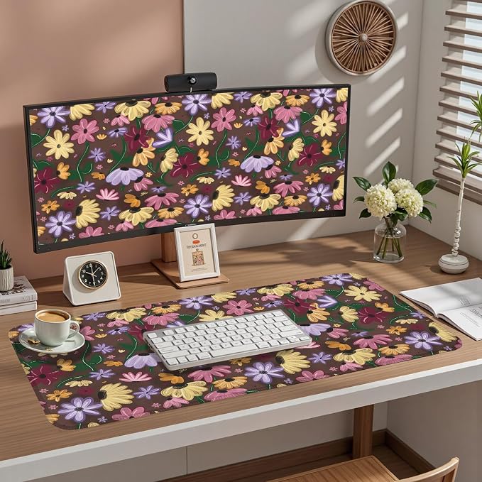 Pastel Floral Desk Mat - Retro CottagecoreBlooming Colorful Flowers Large Mouse Pad for Women Girls, Non-Slip XL Gaming Pad for Vibrant Study Office Cubicle Decor 31.5x15.7in