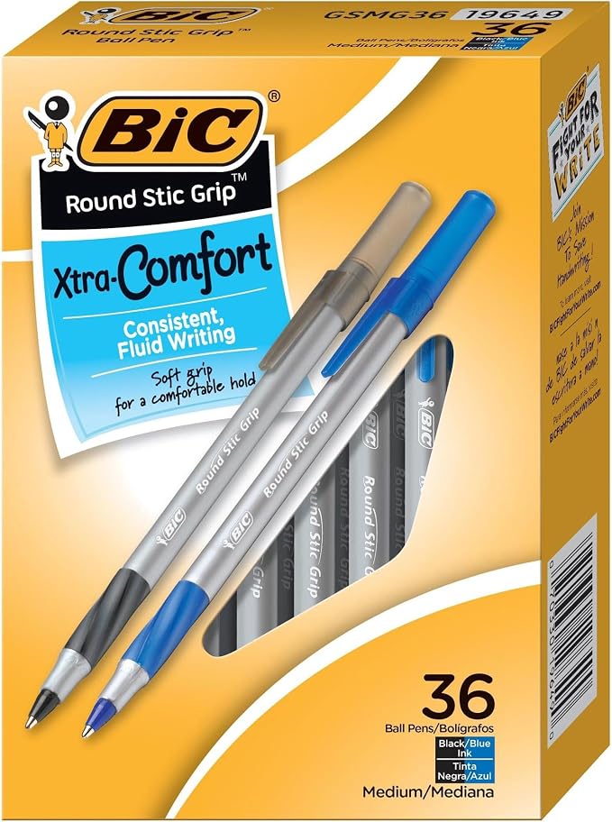 BIC Round Stic Grip Xtra Comfort Assorted Colors Ballpoint Pens, Medium Point (1.2mm), 36-Count Pack, Perfect Writing Pens With Soft Grip for Superb Comfort and Control, Pack of 18