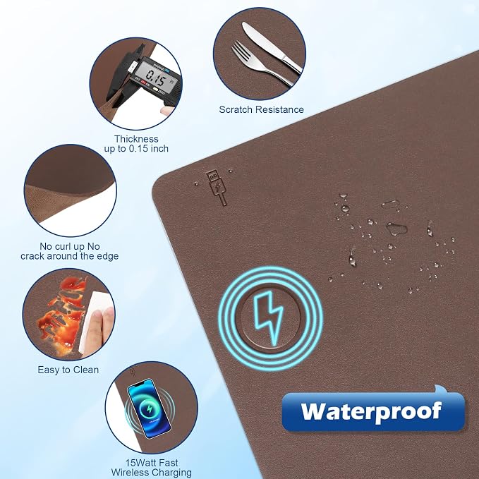 Wireless Charging Desk Mat, Mouse Pad, Brown-L, 36 * 17inch