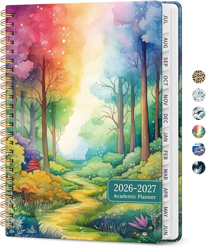 Planner 2026-2027, Academic Year Monthly and Weekly Calendar Planner, Jul 2026 - Jun 2027, Hardcover Teacher Student Planning Agenda book with Tabs, Perfect for School Office Supplies, 6.3" x 8.5" - Mystic Forest