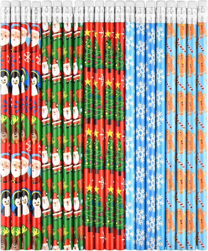 Zuazaor 30 Pieces Colorful Christmas Pencils with Eraser Wooden Pencils Snowman,Santa,Christmas Tree, Cand and Penguin Xmas Stationery for Christmas Holiday Office School Party Favors (30)