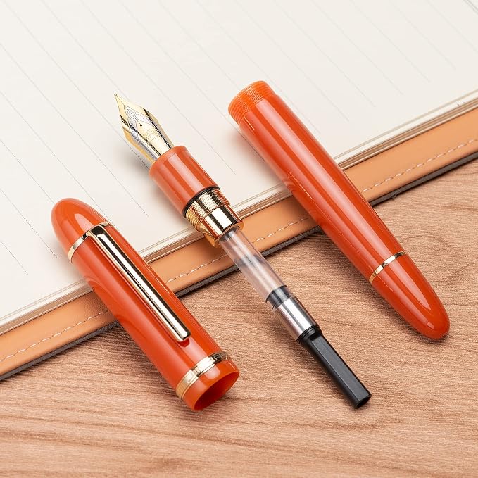 Jinhao X159 Orange Acrylic Fountain Pen, Size 8 Fine Nib Gold Trim Classic Design Smooth Writing Pen with Converter