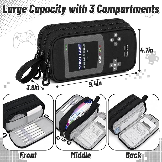 Pencil Case for Boys, Large Capacity Pencil Pouch with Zipper Compartments, Gamer Pen Bag Organizer for School Kids Teens