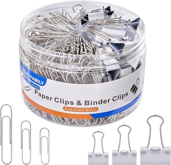 FUDAO FAMILY Paper Clips & Binder Clips, 340 PCS Assorted Sizes, Silver & White, Metal, Medium, Large, Small