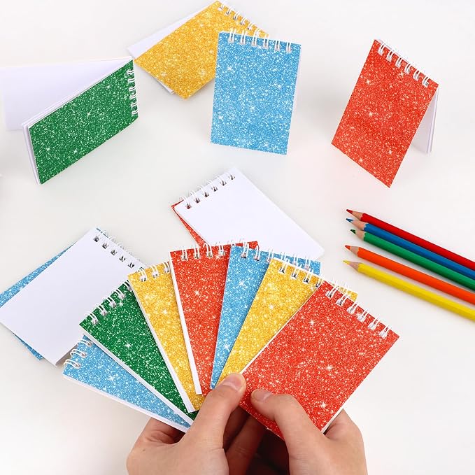 24 Pack Mini Notebooks Party Favor Small Spiral Journal Notepads for Kids | Glitter Cover Pocket Writing Memo Note Pads with Lined Pages for Schools Classroom Home Work Office Supplies, 2.3x2.3 Inches