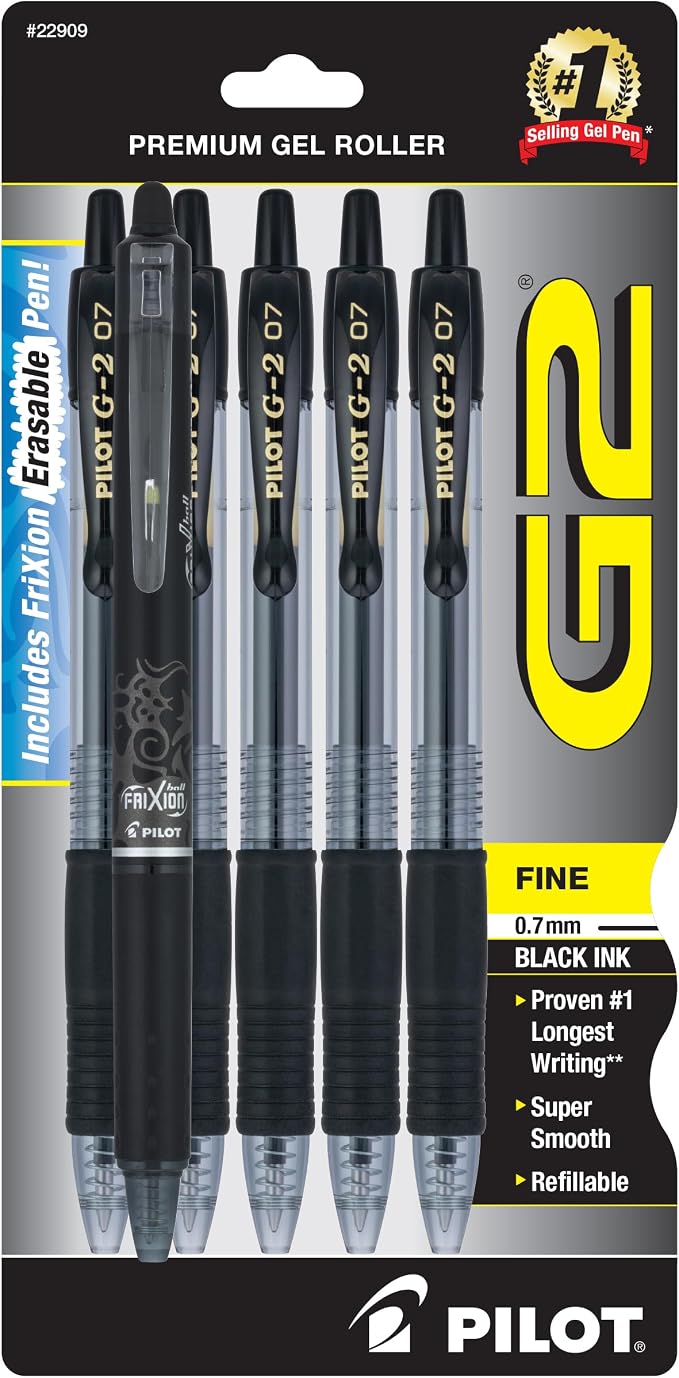 Pilot G2 + FriXion Clicker Companion Pack, 0.7mm Fine Point, Black Ink, Premium Gel Roller 6 Pack - for School, Office and Business Use