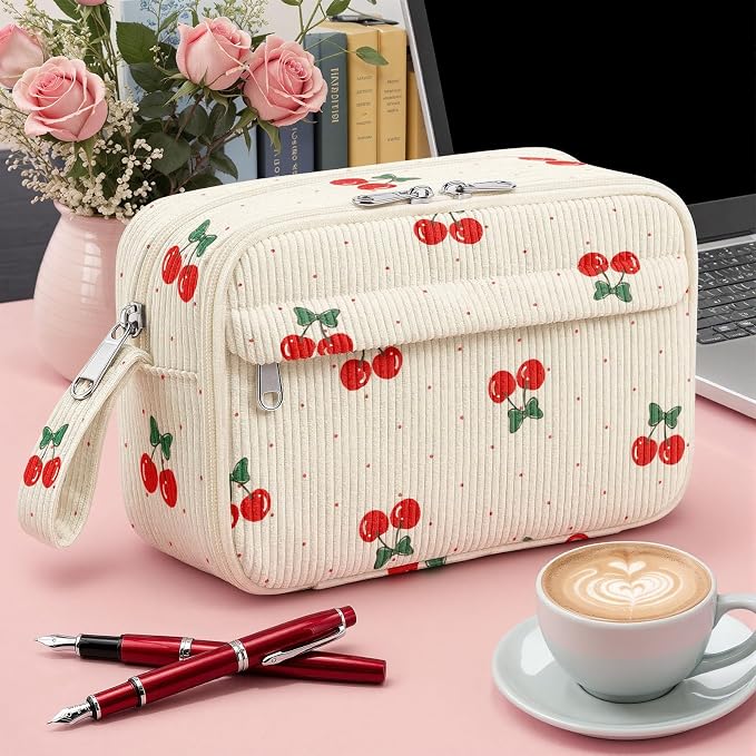 WOBAGMEN Cute Pencil Case,Large Corduroy Zippered Pencil Case Pouch, Aesthetic Pencil Bag with Compartments, Pencil Pouch School Supplies (Cherry Polka Dots)