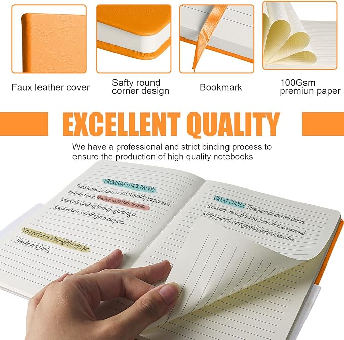 Lined Journal Notebook, 10Pack Hardcover Notebook for Men & Women – Journals for Writing, Work, School, Home & Daily Notes, 160 Pages – Medium A5, 5.7"x8", 100 gsm Thick Paper (Orange)