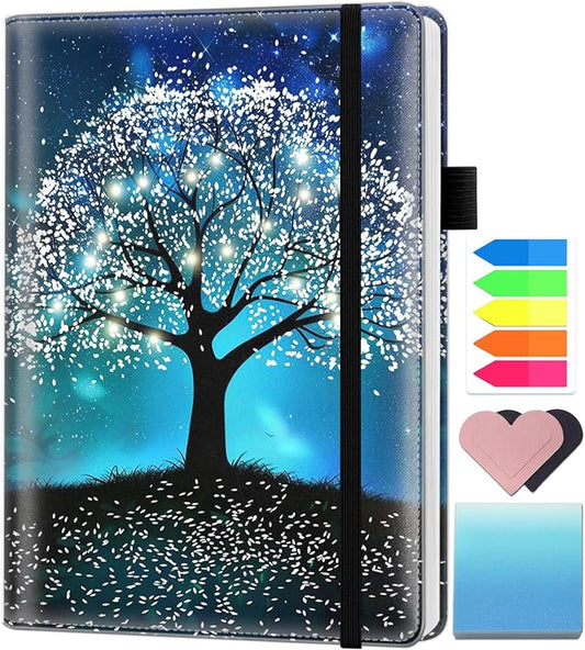 A5 Leather Lined Journal Notebook, 200 Pages Hardcover Executive Notebook for Men Women Office School Note Taking, Thick Writing Paper Daily Journal with Bookmarks/Indexes, Tree of Light