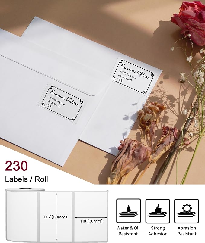 [230 pcs] Phomemo M110 Thermal Labels, 1.97'' x 1.18'' (50 x 30mm) | for M110/M108/M100/M220/M221/M250 Label Printer, Removable Thermal Papers for Barcode, Name Tag, Address