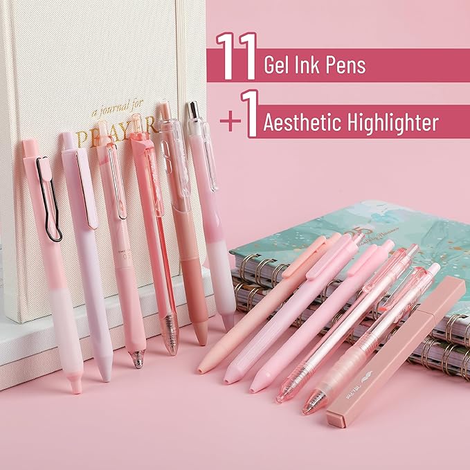 Mr. Pen- Pink Gel Pens Set, 12 Pack | Black Ink Cute Writing Pens with 1 Aesthetic Highlighter, 0.5 mm Fine Point, Smooth Gel Pens for Journaling