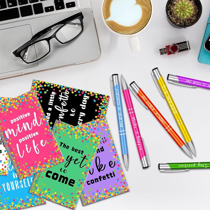 Geyee 24 Pcs Mini Motivational Pens Inspirational Notepads Bulk Appreciation Gifts Small Journals Funny Ballpoint Pen Set Prizes Men Women Office Travel Party Favors(Confetti)