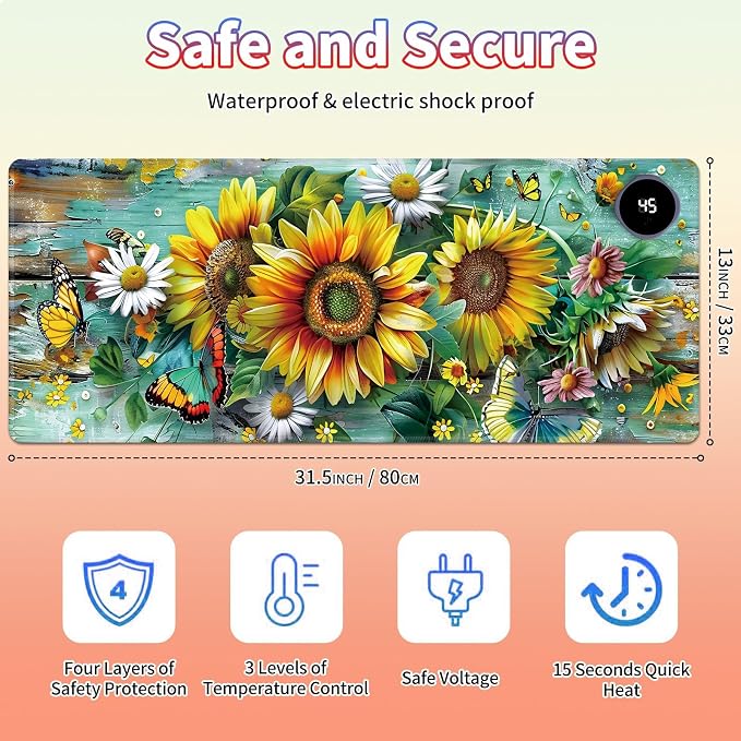 Heated Desk Pad Large Mouse Pad 31.5 x 13 inch with 3 Levels Heating & Auto Shut-Off Warm Mouse pad PU Leather Computer Mousepad for Home Office Work - Flower Butterflies