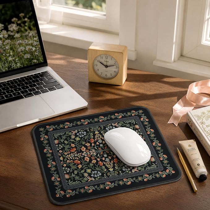 iCasso Aesthetic Small Floral Mouse Pad, Mini Portable Travel Mousepad, Anti-Slip and Comfortable Cloth Mouse Mat 7.9"x9.5" with Stitched Edges for Computer, Laptop, Office, Home(Black)