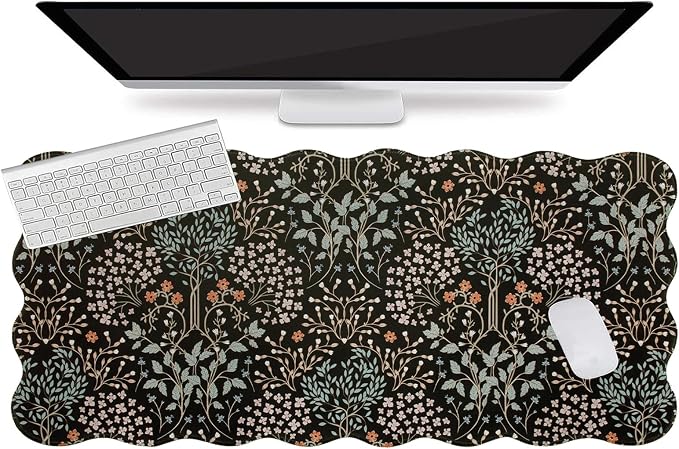 L-SPOUTTO Botanical Mouse Pad,Black Desk Mat XXL Large Scalloped Gaming Mousepad,35.4x15.12in Non-Slip Base Keyboard Pad Waterproof Desktop Mat for Laptop Computer Game Home Office-Seamless Plants