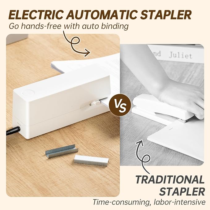 Deli Electric Stapler, Automatic Staplers for Desk, 25-Sheet Capacity | with 2000 Staples & Staple Remover, No-Jam, AC or Battery Powered Staplers for Office Home School, White