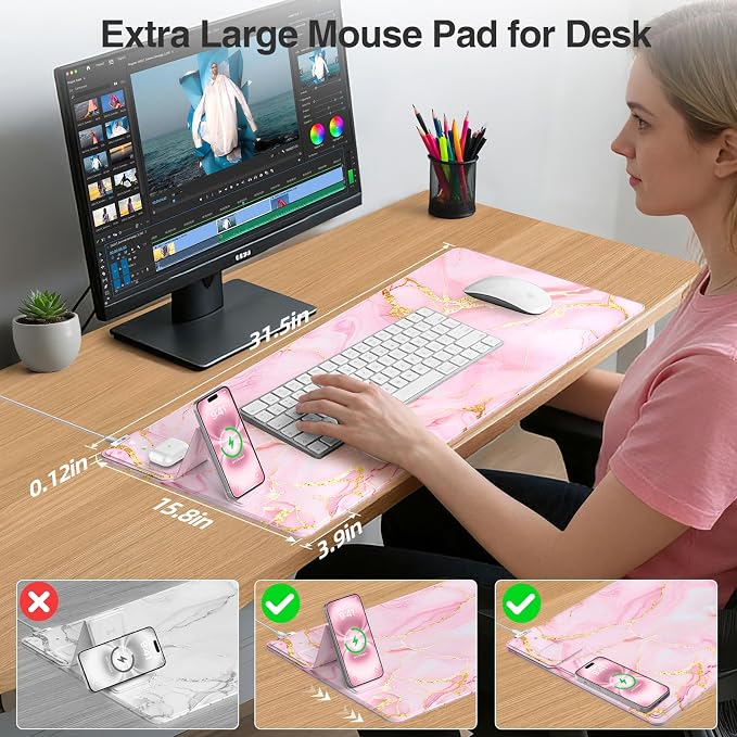 Wireless Charging Mouse Pad with Foldable Phone Holder, Pink Marble | 31.5"x15.8" Large Desk Mat for Laptop/Keyboard, Waterproof Ultra-Smooth Surface, Non-Slip Base