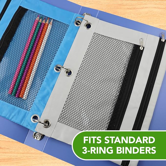 Pencil Pouch for 3 Ring Binder, Heavy Duty Canvas Dual Zipper Pen Bag with Clear Window, Smooth Metal Zipper, Fit Standard 3-Ring Binders for School Office Travel Supplies (Grey)