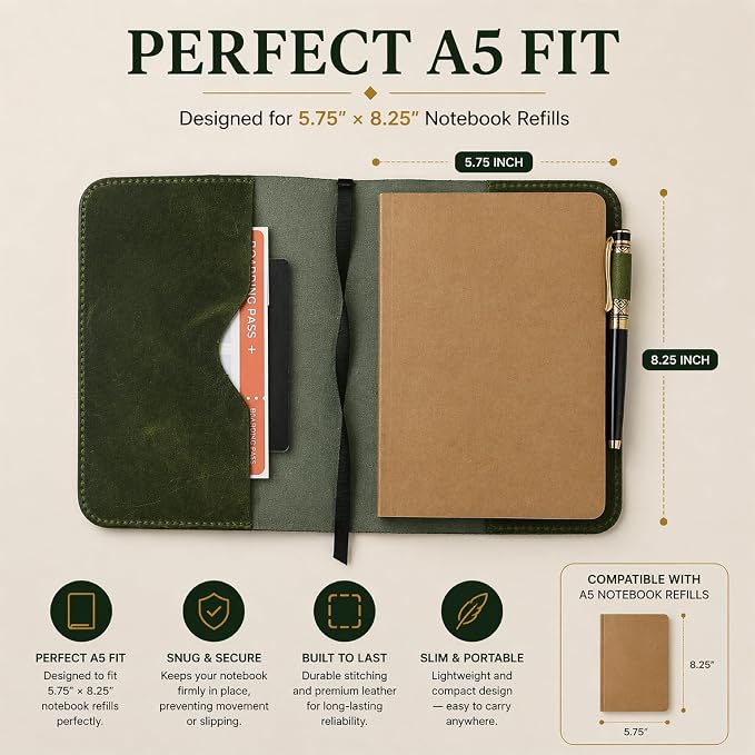 Premium Leather Journal Cover A5 – Handmade Refillable Notebook Cover Sleeve with Pen Holder for Writing, Travel & Business Use 5.75 x 8.25 (Green)