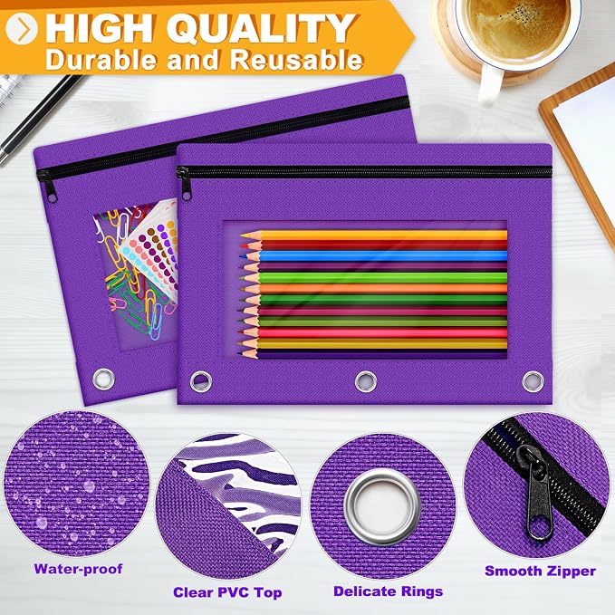 Pencil Pouch for 3 Ring Binder, 2 Pack Pencil Bags with Zipper, Purple Pencil Case for Classroom School Office Supplies, Large Sturdy and Durable Cloth Pencil Pocket for 3 Holder Binder