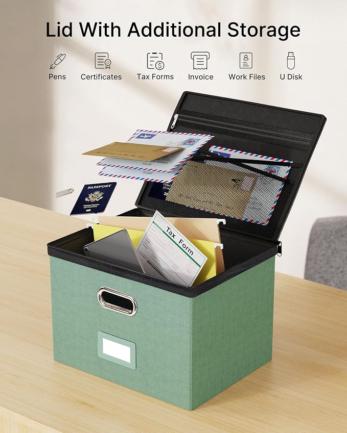 Oterri File Box Large 2-Pack Hanging Organizer for Letter/Legal-Size Folder | Dustproof Lid. 3 Mesh Pockets. Collapsible Scratch-Resistant GRS Linen. Slide Rails. Office, Home, Dorm