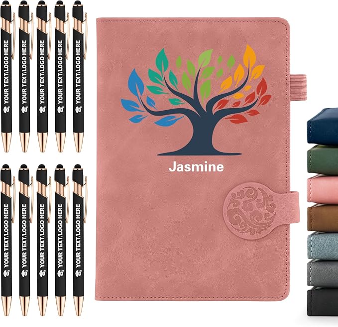 ENOMY Personalized Notebook & 10 PC Pens Set Custom Notebook 200 Pages A5 Lined Journal for Men Women Leather Notebooks for Work Office College Graduation New Year Gifts, Pink