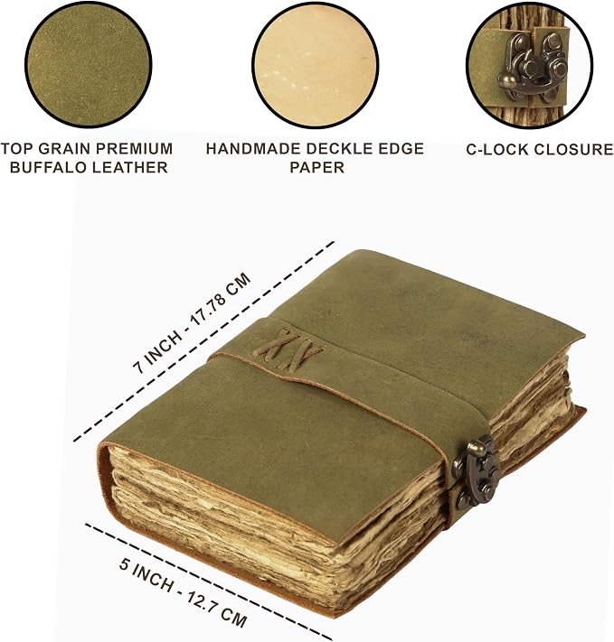 Vintage Leather Journal Handmade Buffalo Deckle Edge Paper – Leather Bound Journal for Women Men Vintage C-Lock Closure Ideal for Writing & Travel for Artists