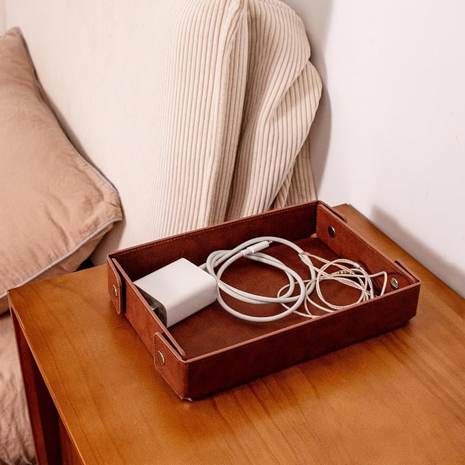 BONNY DODO Valet Tray for Men PU Leather Tray Organizer with Partition, Storage Keys, Watch & Practical Storage for Table Nightstand Living Room Bedroom (Dark Brown2)