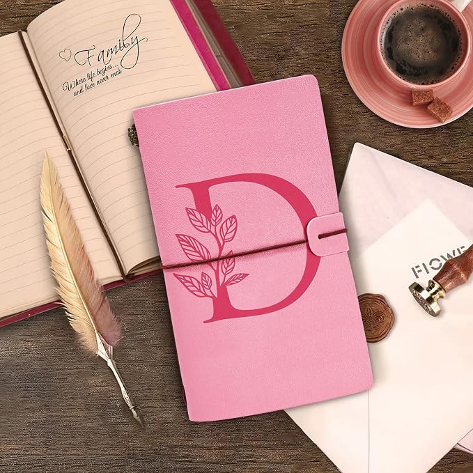 Personalized Journal Gift-Pink Initial Leather Journal+Heart Diamond Pen Set,Travel Notebook Diary Gifts,Refillable Notepads,Christmas,Birthday Gifts for Women Girls (7.9"x4.7") (D)