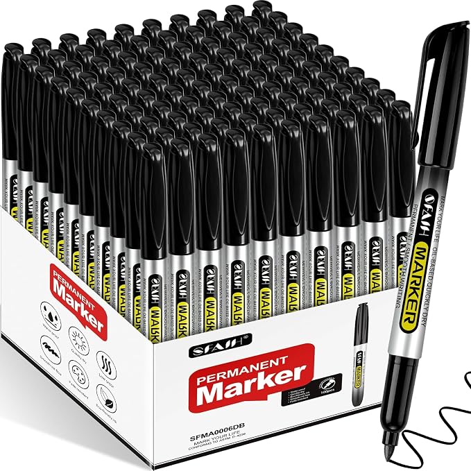 SFAIH 100 Black Permanent Markers Bulk -1s Quick Drying, Fine Point Markers for Write Mark, School, Office, Warehouse, Business, Logistics, Durable, Waterproof Ink on Paper, Plastic, Metal, Cardboard