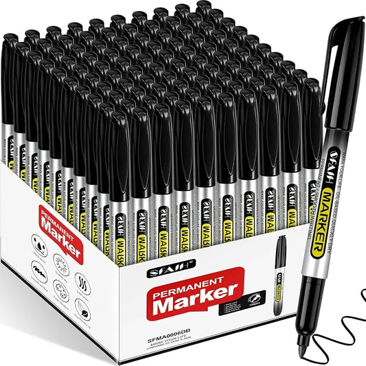 SFAIH 100 Black Permanent Markers Bulk -1s Quick Drying, Fine Point Markers for Write Mark, School, Office, Warehouse, Business, Logistics, Durable, Waterproof Ink on Paper, Plastic, Metal, Cardboard