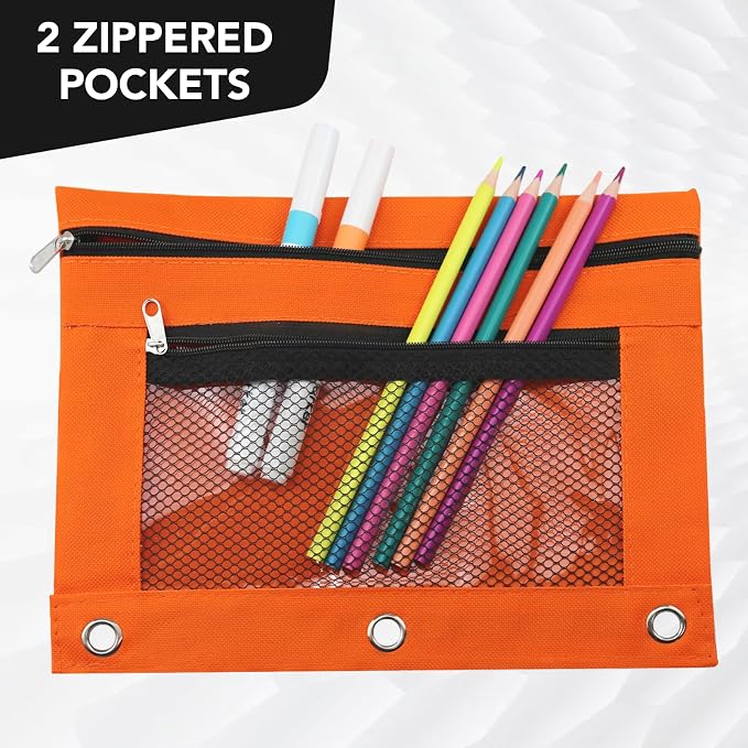 3 Ring Pencil Pouch for Binder, 2-Pocket Zipper Pencil Case with Clear Window & Mesh Pocket, Heavy Duty 600D Oxford Fabric Binder Pouch for School Office Supplies, Fits Standard 3-Ring Binders, Orange