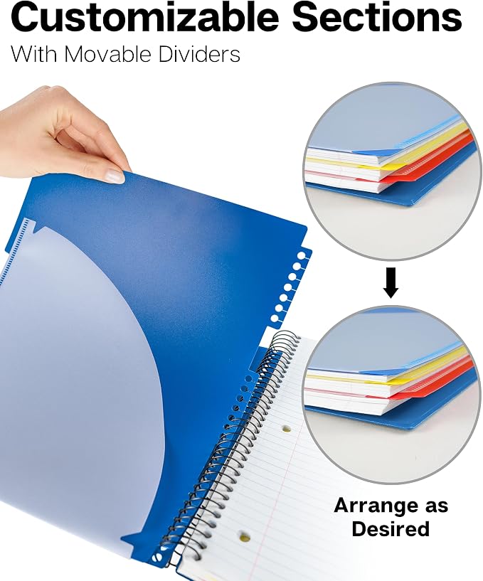 Dunwell 3-Subject Spiral Notebook College Ruled 8.5x11 (Blue), 150 Sheets (300 Pages), Tabs, Colorful Movable Divider Pockets Fit 8.5 x 11 Content, Front/Back Plastic Covers, 3-Hole Perforated Pages