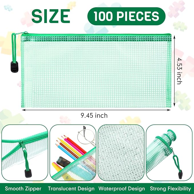 Handepo 100 Pack Mesh Zipper Pouch Pencil Pouches Bulk Clear Storage Bag Small Waterproof Purse Bag Multipurpose for Cash Board Game Passport Office(A6/9.45x4.53in,Green)