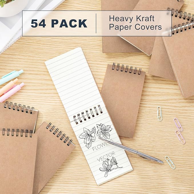 Tenceur 54 Pcs Mini Spiral Notebook 3" x 5" Top Bound Small Spiral Notepads Pocket Notebook Spiral Memo Pads 120 Pages Sketchbook College Ruled Journals for Kids Home Office School (Brown)