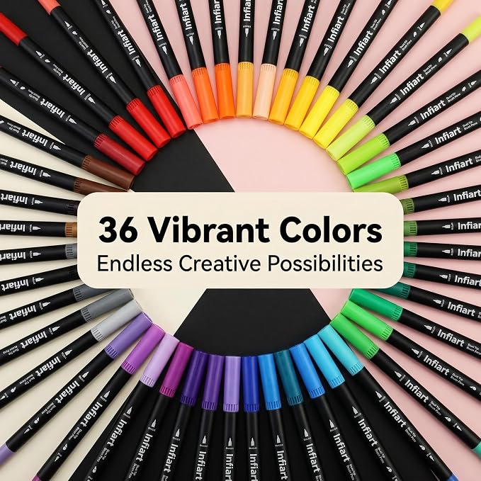 36 Colors Dual Tip Brush Pens, Water-Based Markers with Fine Tip and Brush Tip, Non-Toxic Art Supplies for Adult Coloring Books, Calligraphy, Sketching, Journaling, Drawing