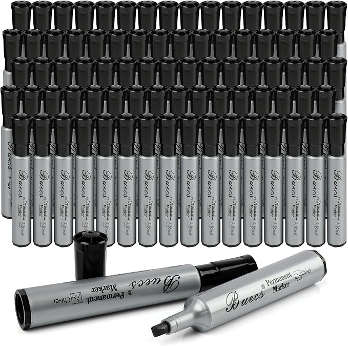 Buecs Permanent Markers, 80 Count Black Permanent Markers, Chisel tip, Waterproof &Fade Resistant, Quick Drying, Office Supplies for School, Office, Home