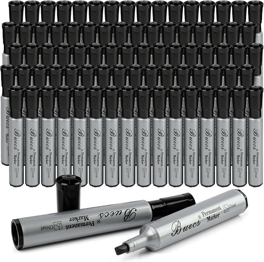 Buecs Permanent Markers, 80 Count Black Permanent Markers, Chisel tip, Waterproof &Fade Resistant, Quick Drying, Office Supplies for School, Office, Home