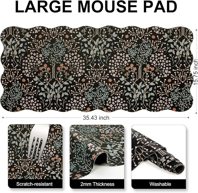 L-SPOUTTO Botanical Mouse Pad,Black Desk Mat XXL Large Scalloped Gaming Mousepad,35.4x15.12in Non-Slip Base Keyboard Pad Waterproof Desktop Mat for Laptop Computer Game Home Office-Seamless Plants