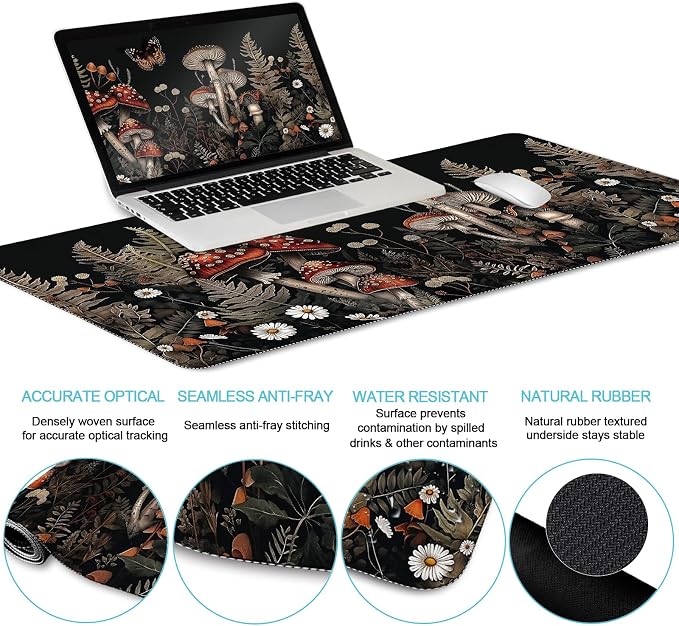 LIMKRIAN Mushroom Mouse Pad Set Large Desk Matt for Desktop Decor | Ergonomic Mouse Pad Wrist Rest, Gaming Computer Mat Keyboard Wrist Support, Coaster, Home Office Desk Accessories Supplies